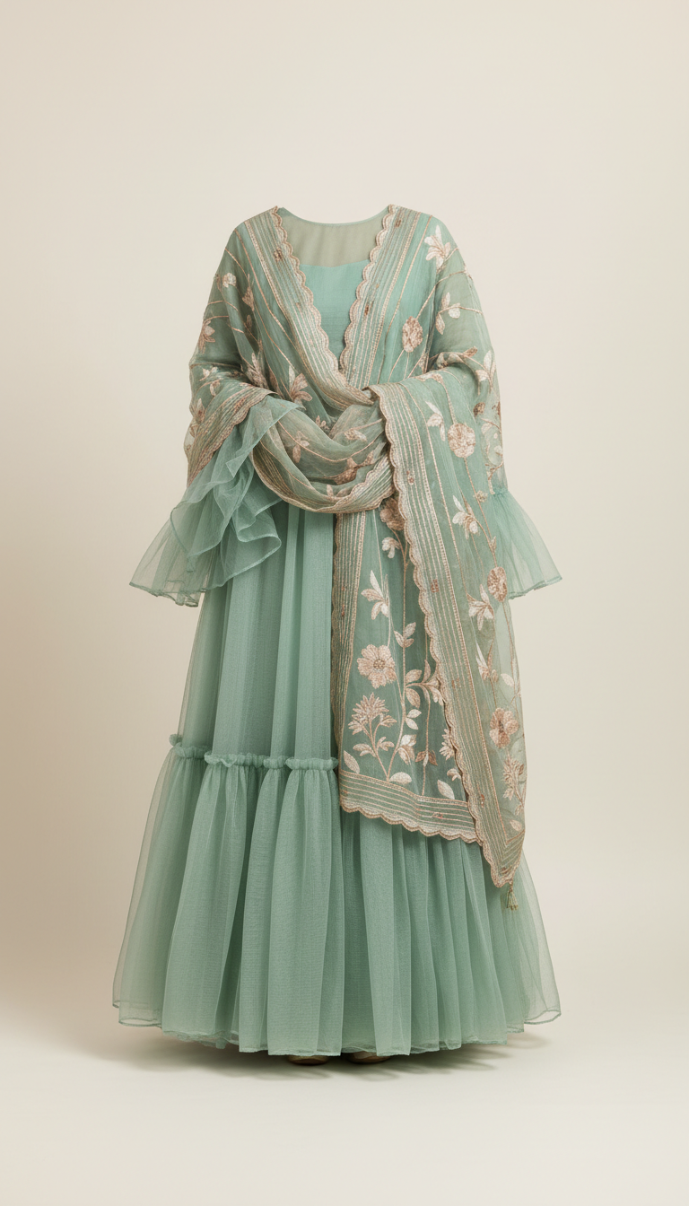 Celadon Green Organza Festive Ensemble