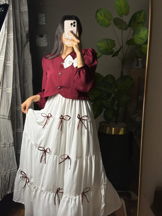 Maroon Bow Skirt & Top