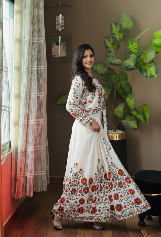 Elegant White Flower Print Maxi Dress with Jacket