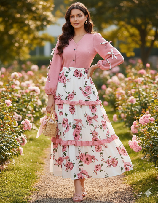 Pink Floral Top & Skirt Set