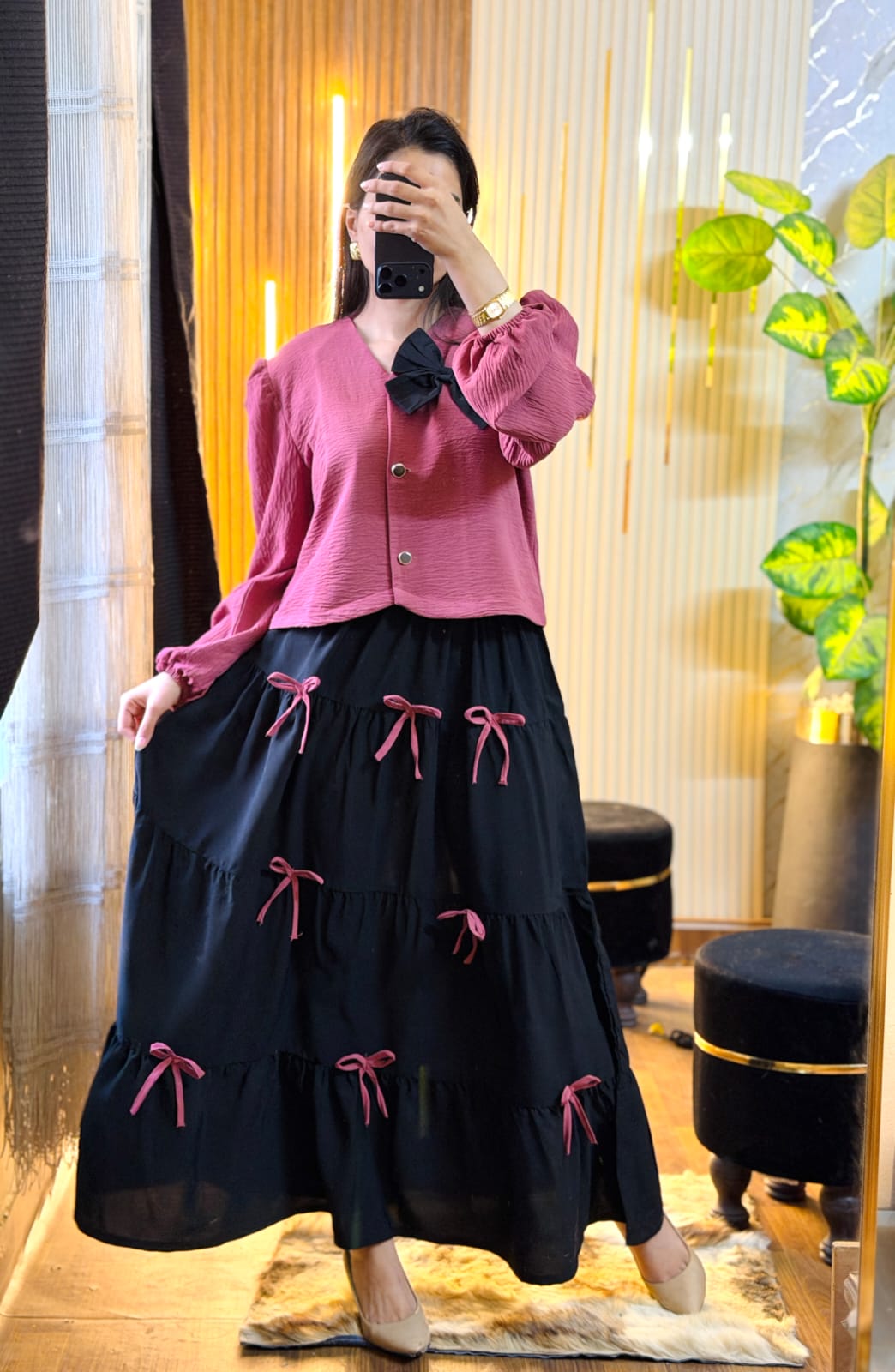 Pink Top & Black Skirt