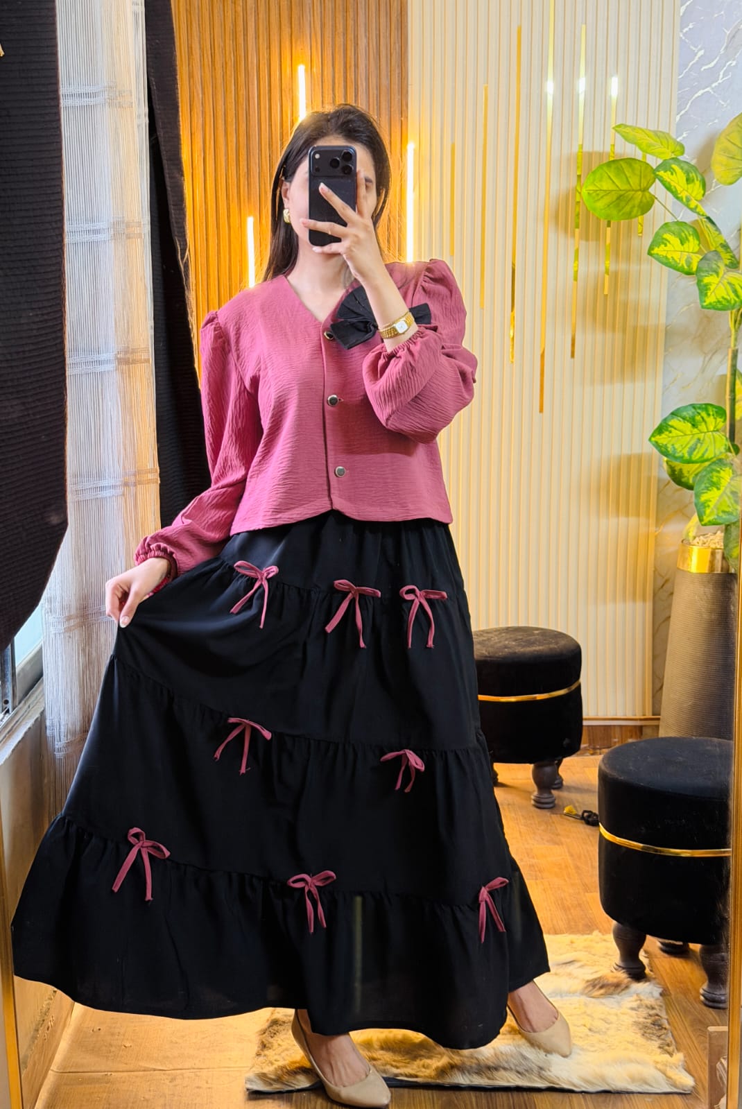 Pink Top & Black Skirt